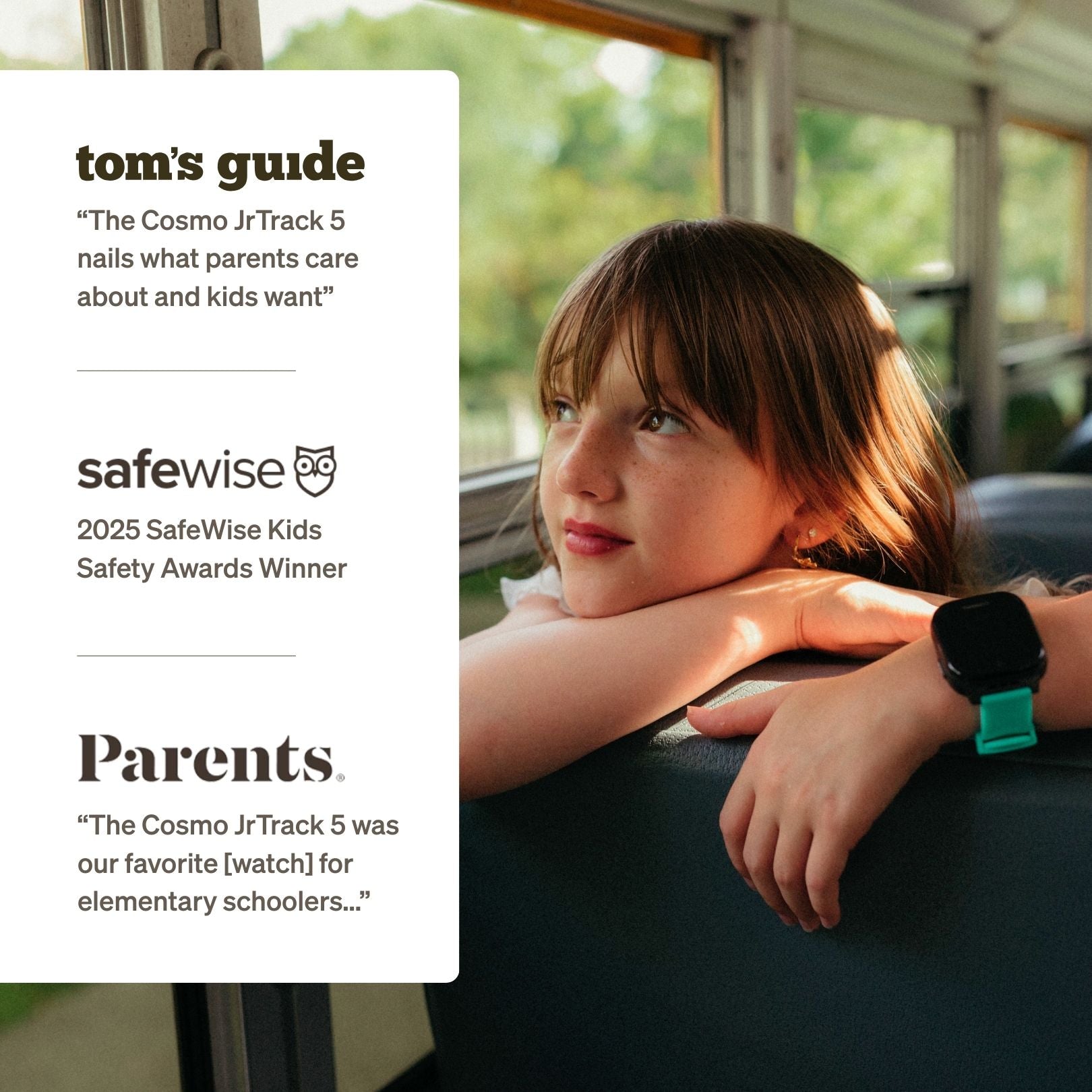 Child wearing a smartwatch with text about Cosmo's notable mentions.