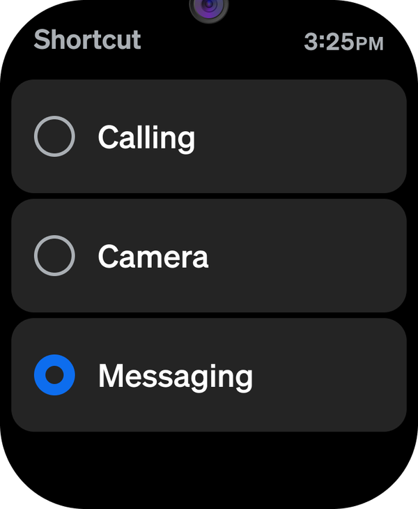 Shortcut picker on the watch with Calling, Camera and Messaging, Messaging selected
