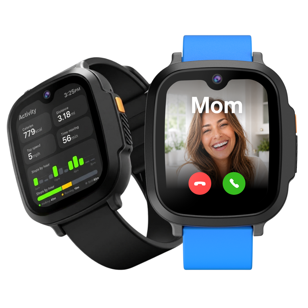 Two JrTrack Pro watches: a blue band showing the day's activity, and a black band showing an incoming call from Mom