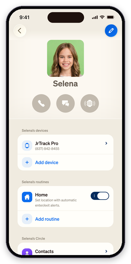 Child profile screen in the Cosmo app showing a paired JrTrack Pro, a Home Routine and Contacts