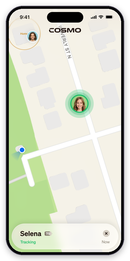Live Tracking in the Cosmo app, with a child's pin pulsing green on the map and a Tracking label