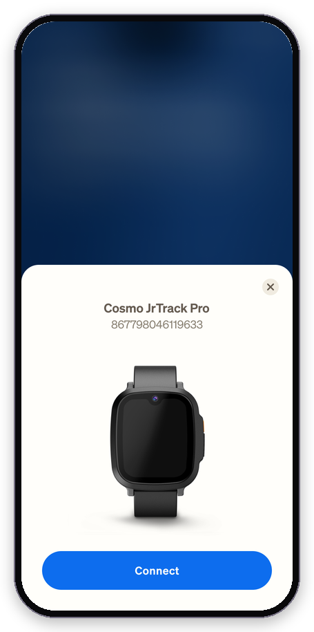 Cosmo app showing a found Cosmo JrTrack Pro with its IMEI and a Connect button