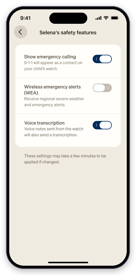 Safety features screen in the Cosmo app with toggles for Show emergency calling, Wireless emergency alerts and Voice transcription