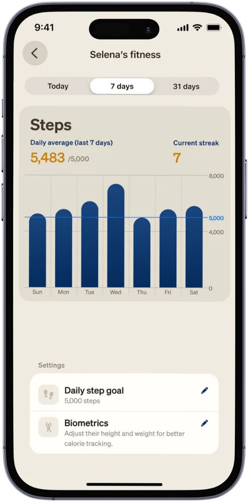 Fitness screen in the Cosmo app showing a weekly step chart, daily average, current streak and daily step goal