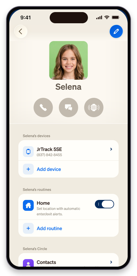 Child profile screen in the Cosmo app showing the JrTrack 5 SE device, Routines, Contacts and Guardians