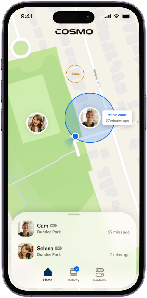 Home map in the Cosmo app showing two children's locations with last-updated times