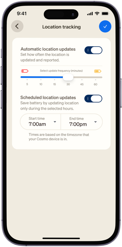 Location tracking settings showing the update frequency slider from 5 to 60 minutes and a scheduled window of 7:00am to 7:00pm