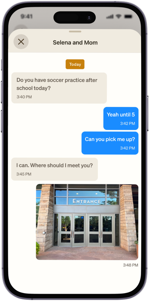 A text conversation between a child and a parent in the Cosmo app, including a photo message