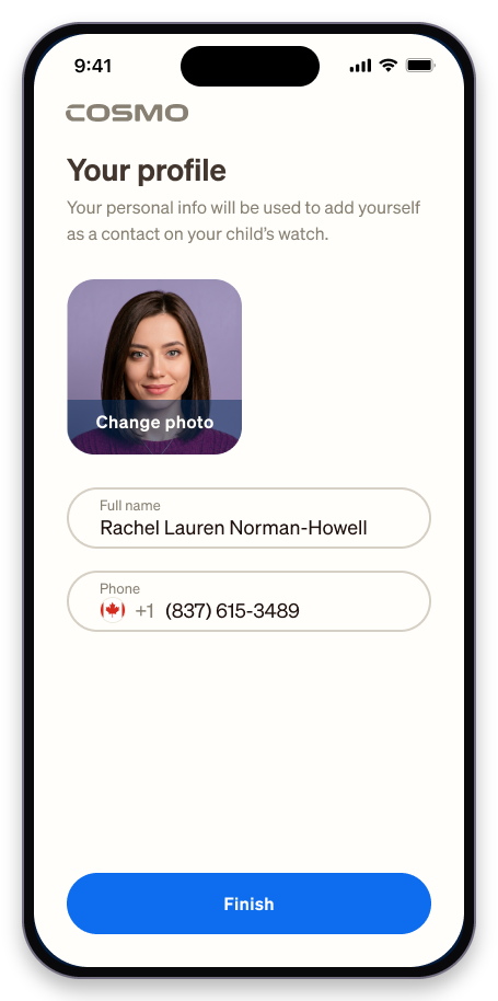 Your profile screen in the Cosmo app with a photo, full name and phone number fields