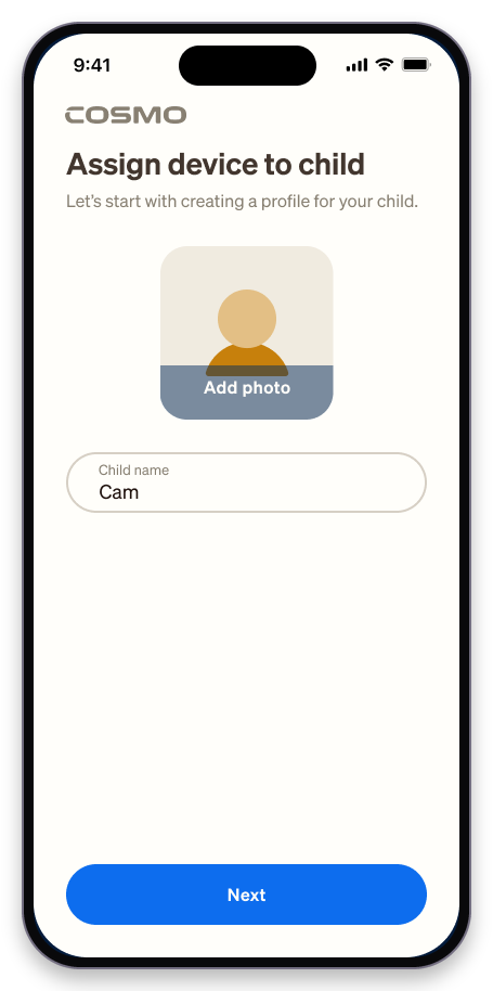 Assign device to child screen in the Cosmo app with an add photo control and a child name field