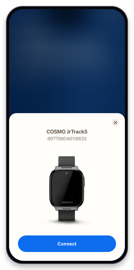 Cosmo app showing a found JrTrack 5 SE with its IMEI and a Connect button