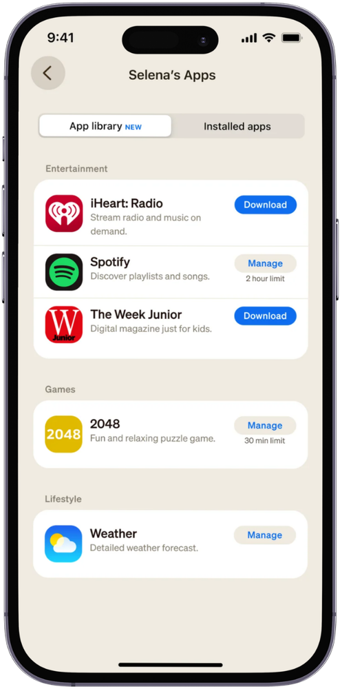 App Station in the Cosmo app showing available and installed apps including iHeart Radio, Spotify, The Week Junior and 2048 with a 30 minute limit