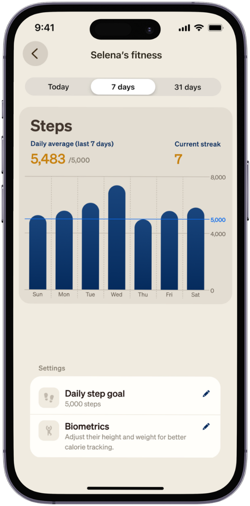 Fitness screen in the Cosmo app showing a weekly step chart, daily average, current streak and daily step goal