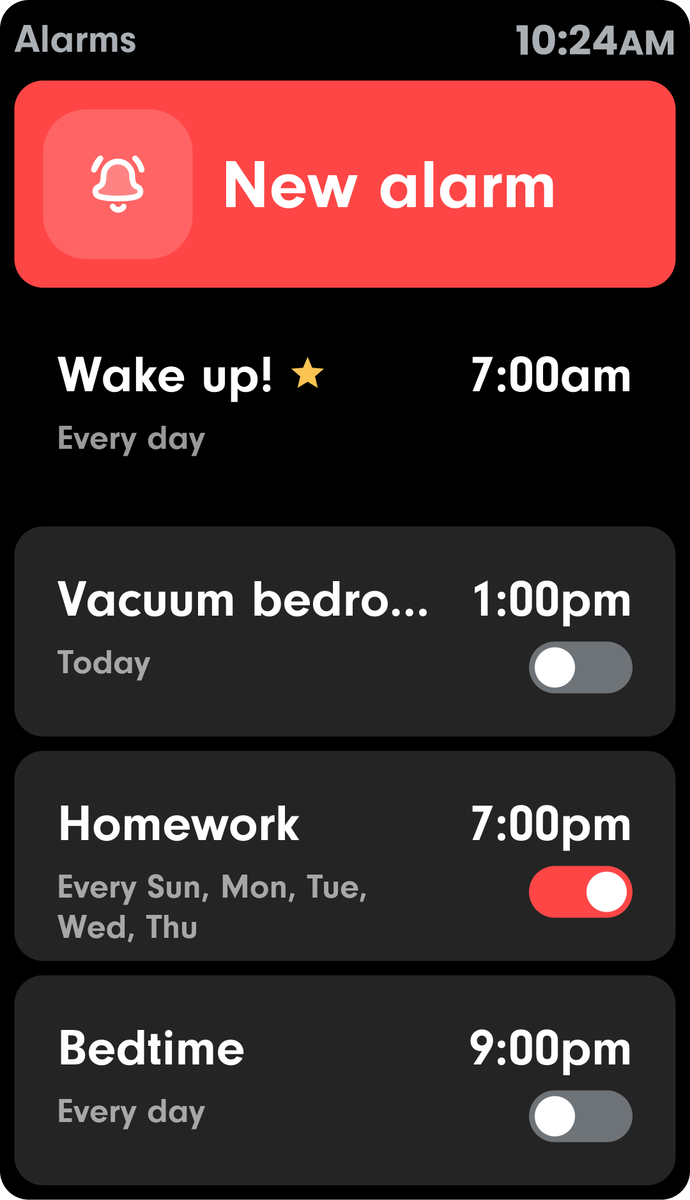 Alarms list on the watch showing a starred parent-set wake-up alarm plus homework and bedtime alarms