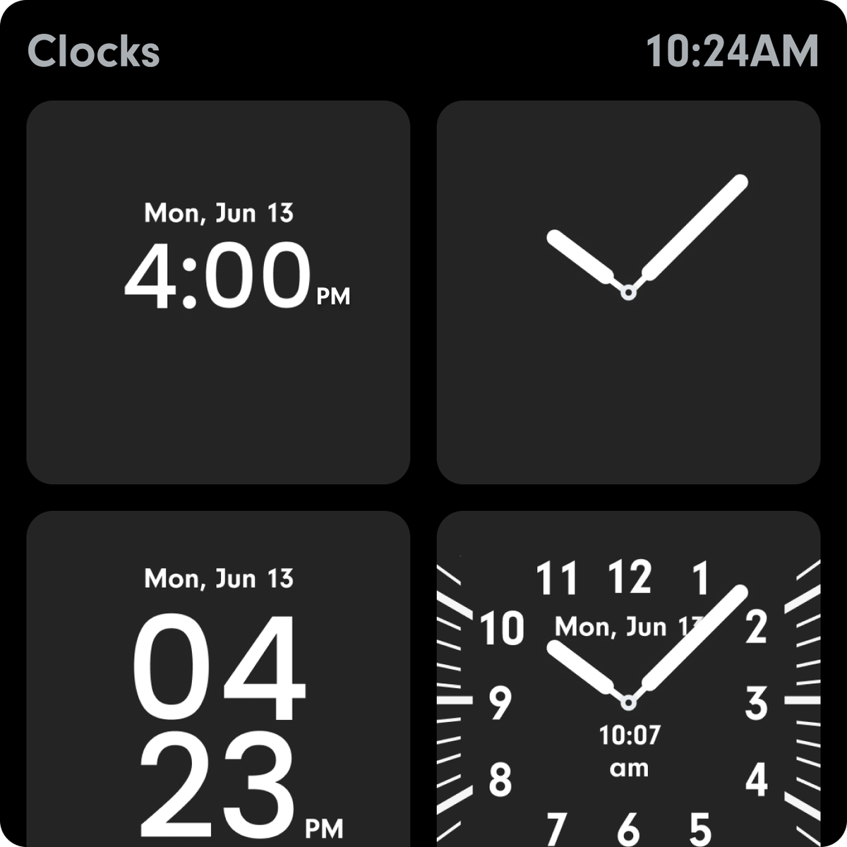 Watch face picker on the watch showing several clock styles