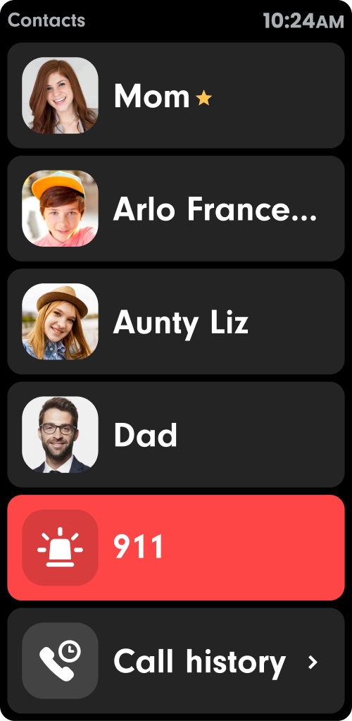 Contacts list on the watch showing Mom, Arlo, Aunty Liz, Dad, a 911 entry and Call history