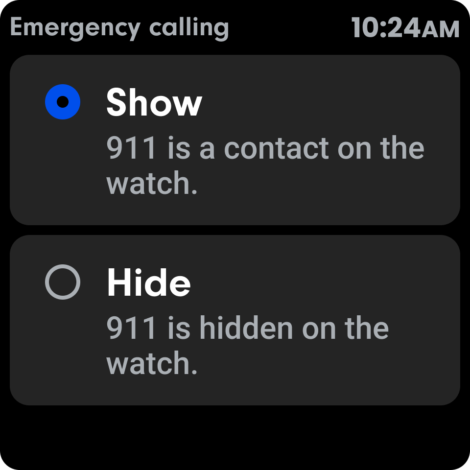 Emergency calling setting on the watch with Show and Hide options for 911