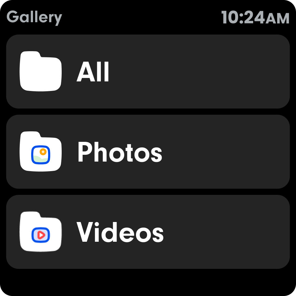 Gallery app on the watch listing All, Photos and Videos folders