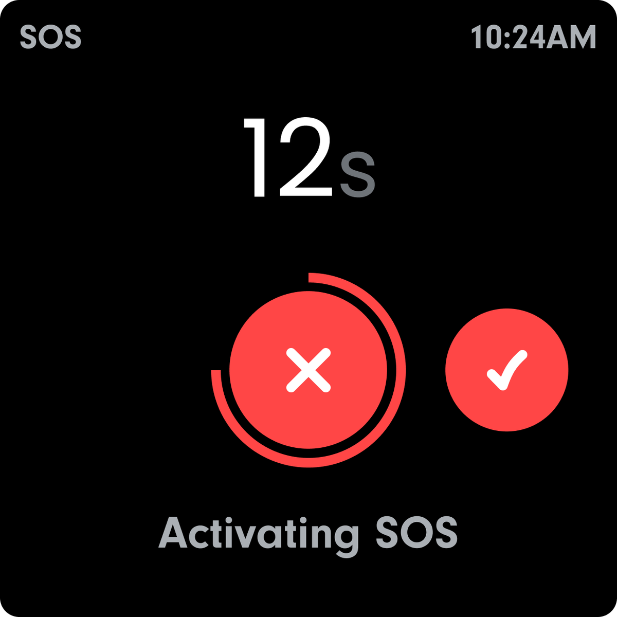 SOS screen on the watch counting down with cancel and confirm buttons