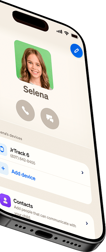 Phone showing a child's contact card with call and message shortcuts