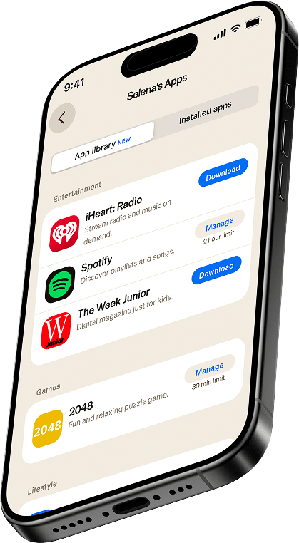 Phone showing the JrTrack App Library with parent-approved apps