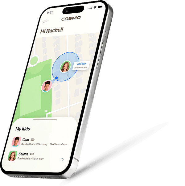 Phone showing the Cosmo app with the live location of two kids on a map