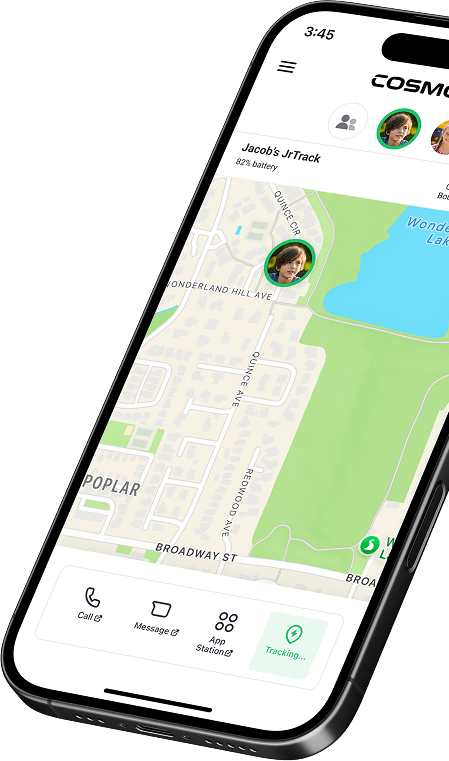 Phone showing Jacob's JrTrack location on a neighborhood map