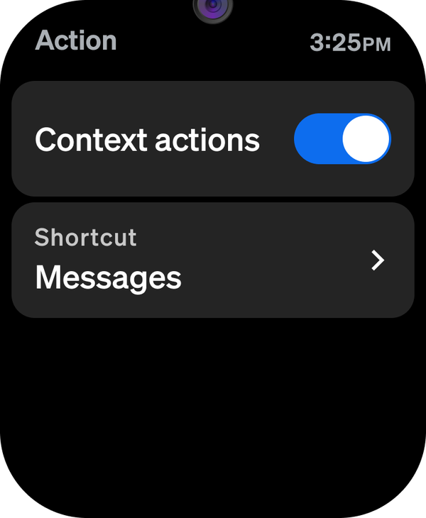 Action screen on the watch with the Context actions toggle switched on and the Shortcut set to Messages
