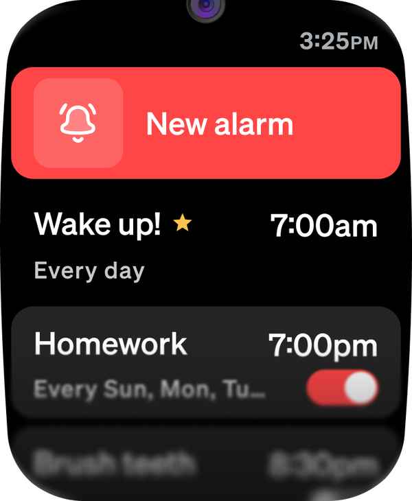 Alarms app on the watch with a New alarm button, a starred Wake up alarm at 7:00am every day, and a Homework alarm at 7:00pm