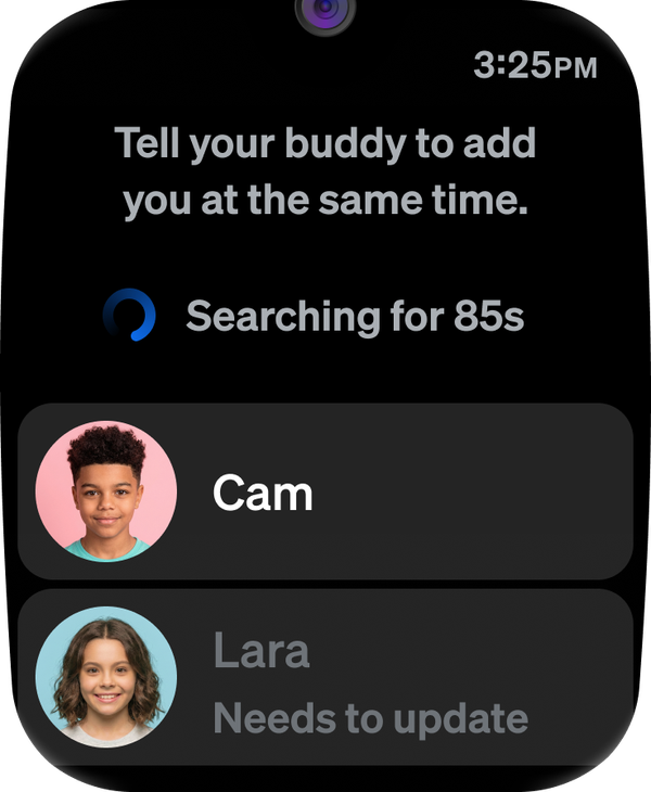 Add a Buddy on the watch searching for nearby watches, with Cam ready to add and Lara needing a software update