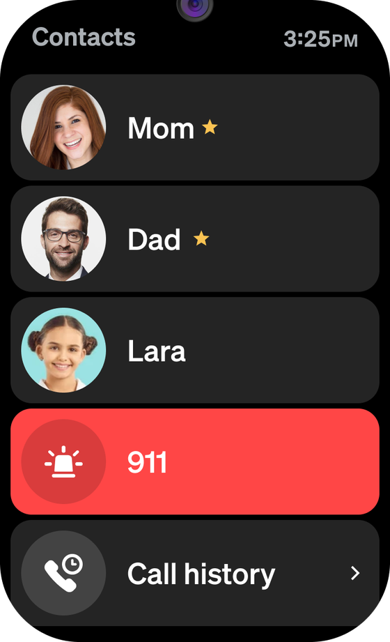 Contacts list on the watch showing Mom and Dad starred, Lara, a 911 entry and Call history