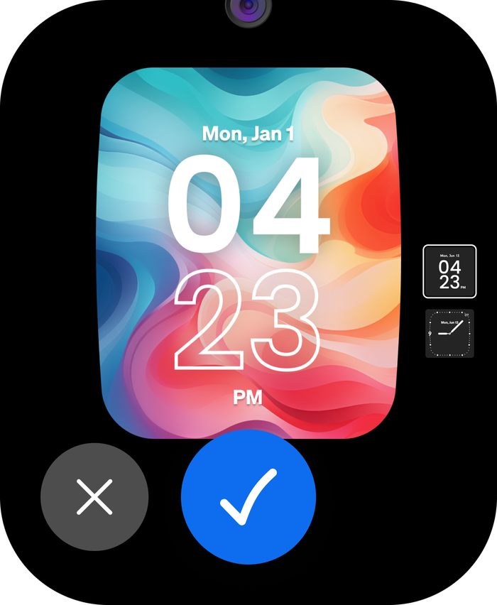 Watch face preview with cancel and confirm buttons and a choice of two clock layouts