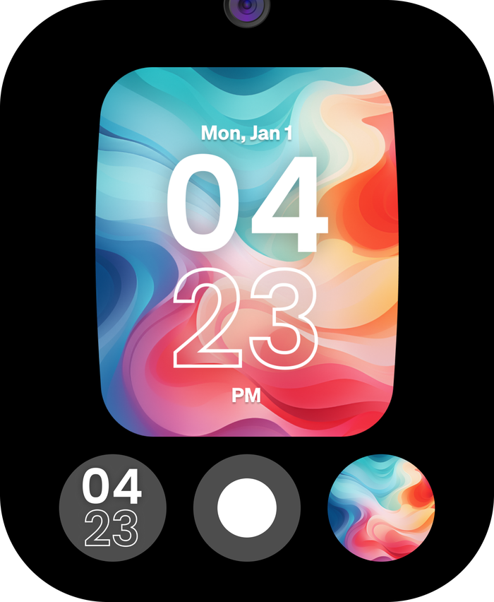 Watch face picker showing a clock over a colorful wallpaper, with clock style, color and wallpaper options below
