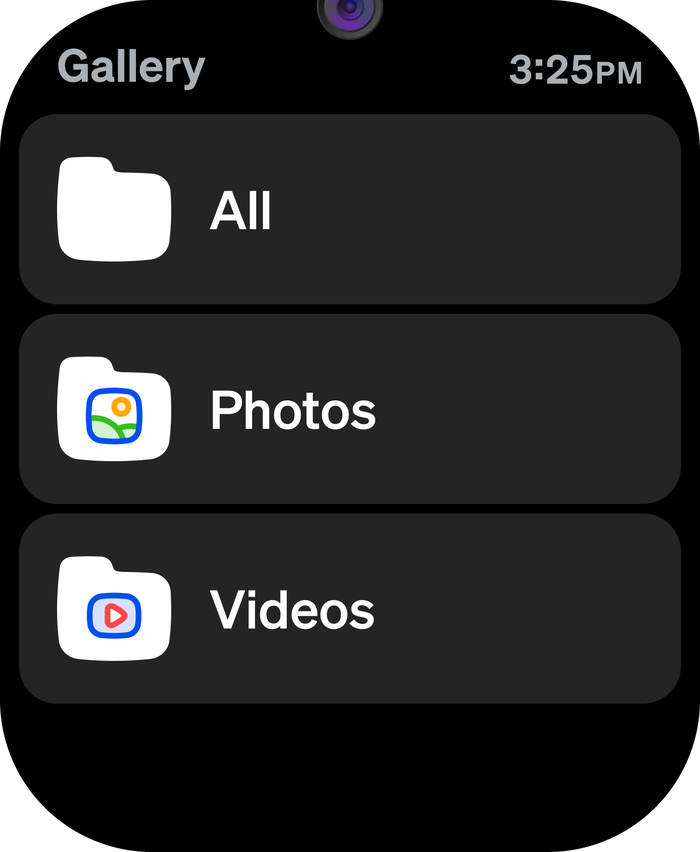 Gallery app on the watch listing All, Photos and Videos folders