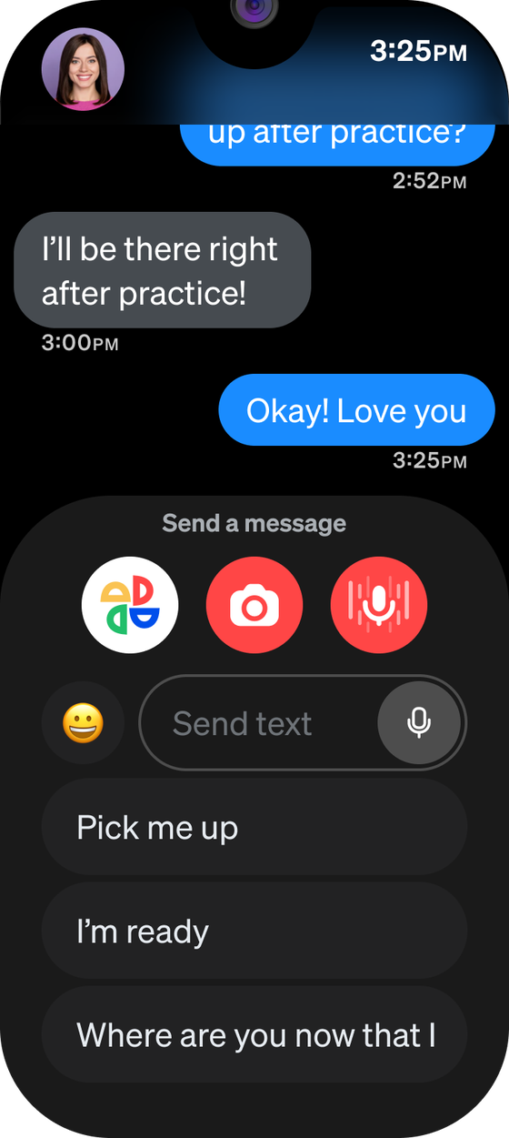 A conversation on the watch with photo, camera and voice memo buttons, a Send text field and preset replies