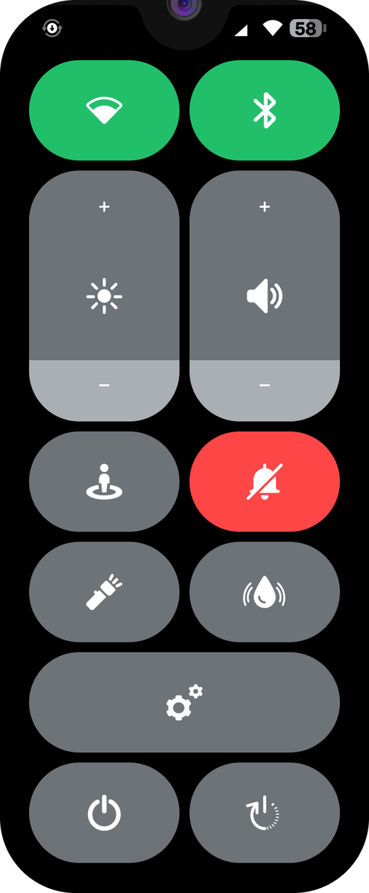 Quick Settings panel on the watch with Wi-Fi and Bluetooth on, brightness and volume sliders, Check-in, mute, flashlight, water ejection, settings, power off and restart