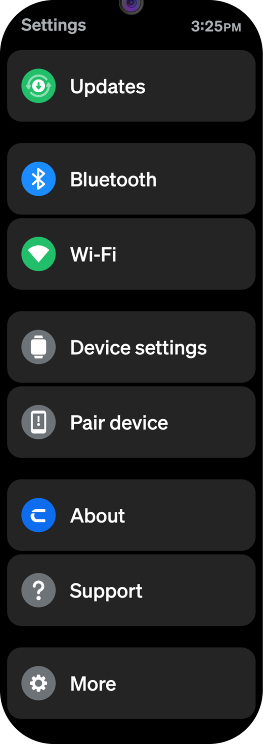 Settings menu on the watch listing Updates, Bluetooth, Wi-Fi, Device settings, Pair device, About, Support and More