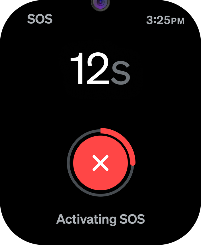 SOS countdown on the watch showing 12 seconds left, a red cancel button and Activating SOS