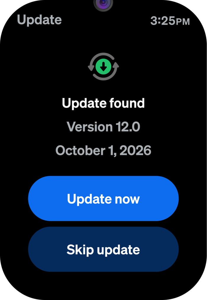Update found screen on the watch showing a new version with Update now and Skip update buttons