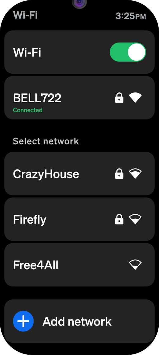 Wi-Fi screen on the watch with Wi-Fi switched on, a connected network and a list of nearby networks