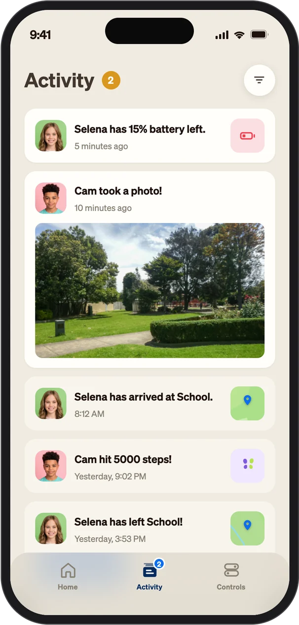 Activity feed with arrival alerts and a photo