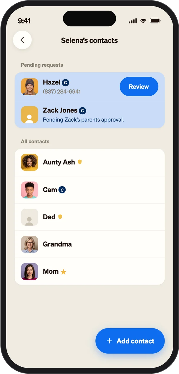 Selena's contacts in the Cosmo app, with a friend request waiting for a parent to review
