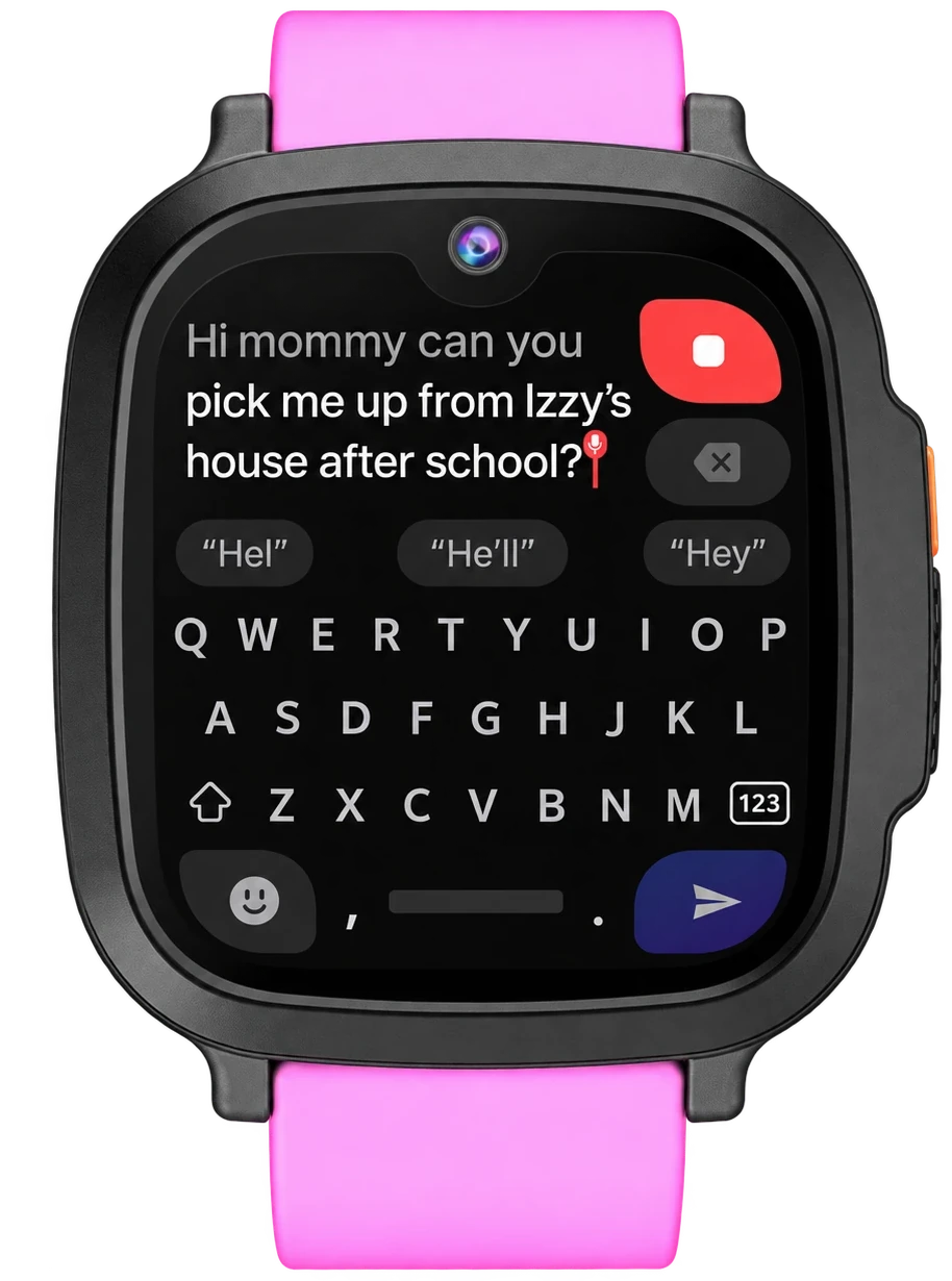 JrTrack Pro with a pink band, turning a spoken message to Mom into text