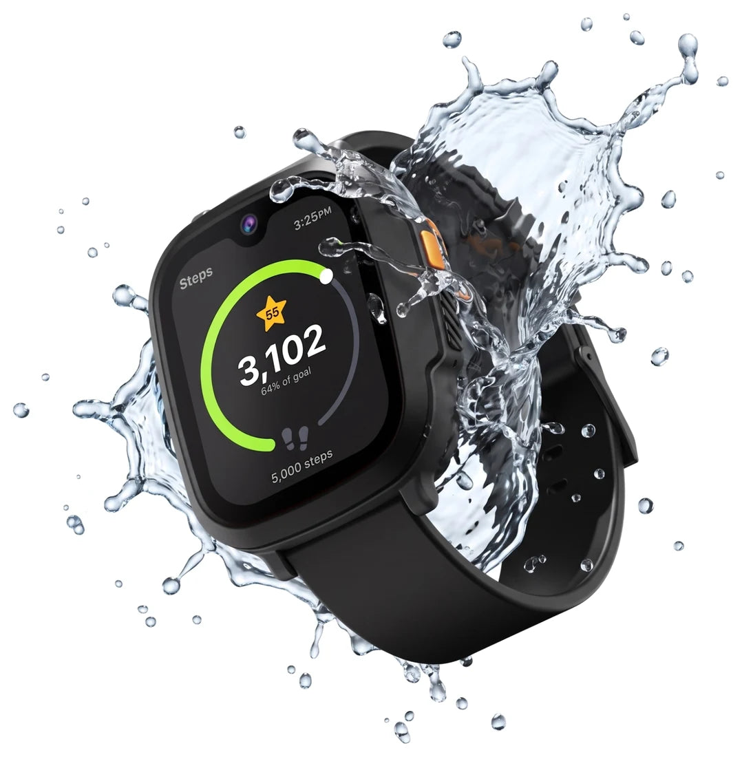 JrTrack Pro in black showing a step count, splashed with water